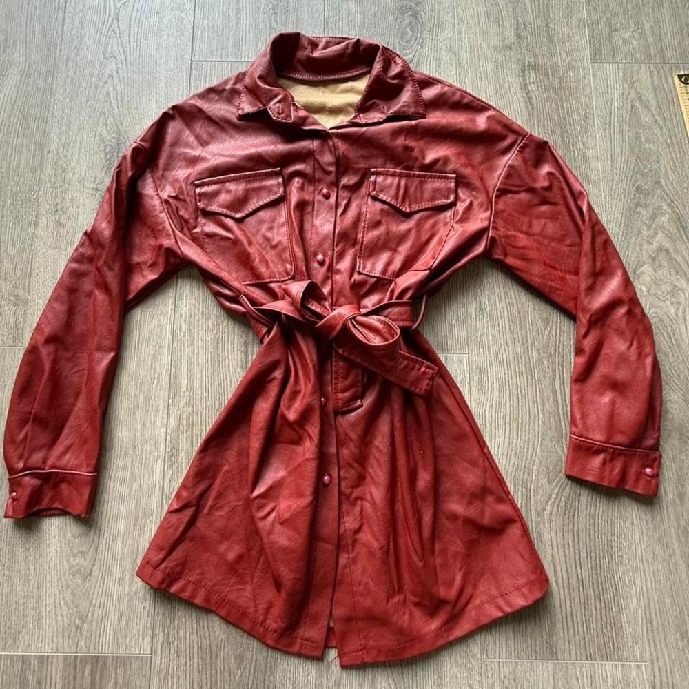 Vintage Red Faux Leather Shirt Dress Jacket Belted Western Style Women's Medium